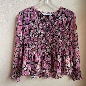 Zara Women's Pink and Black Floral Smocked Bodice Floral Blouse